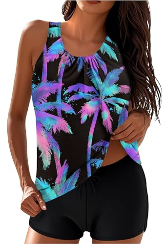 2 Piece Tankini Sets for Women Swimming Costume Floral Printed Tankini Top with Swim Trunks High Waist Boyleg Swimsuit Ladies Athletic Swimwear Set Tummy Control Bathing Suits Plus Size