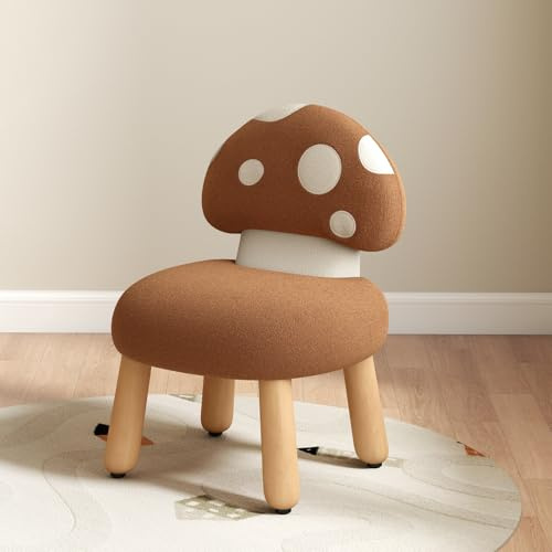 DAYALANE Mushroom-Shaped Toddler Kids Chair, Chenille Fabric Upholstered Children's Desk Chair with Wood Legs, Small Cute Kids Stool for Playing and Learning, Brown