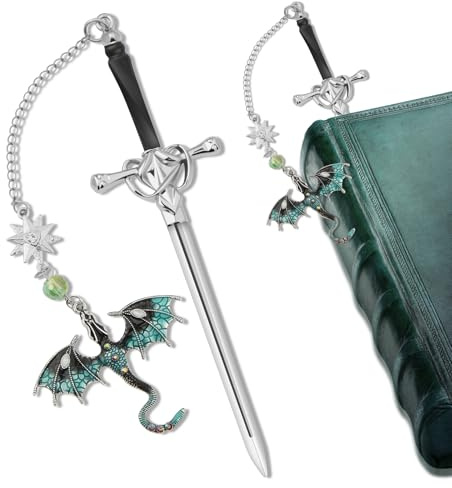 AUAUY Svärddrake bokmärke, fantasy gotiskt svärd, bokmärke med drakhänge för kvinnor och män, coola vintage drakgåvor fjärde vingens bokmärke för bokälskare, fantasiläsare (grön)