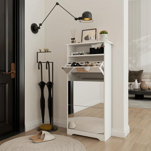 Sumshadow Spiegelschuhschrank mit 3 Klappfächern, Schmales Schuhaufbewahrungs-Schrank mit Spiegeltür, Freistehender Versteckter Schuhregal-Organizer für Flur, Eingangsbereich & Schlafzimmer