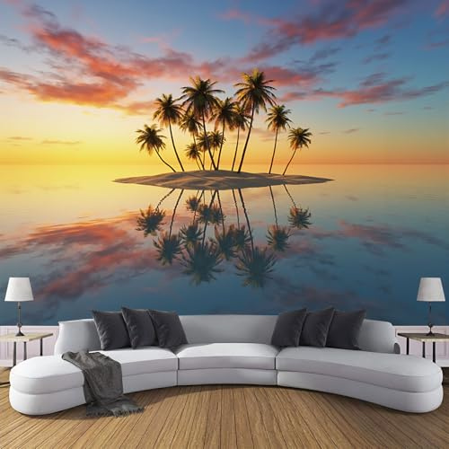 Fotomural Palmera De Coco Océano 300x210cm papel pintado TNT, fotomural panorámico Isla Tropical, Mural de Pared, Decoración de Pared para Salón y Habitación