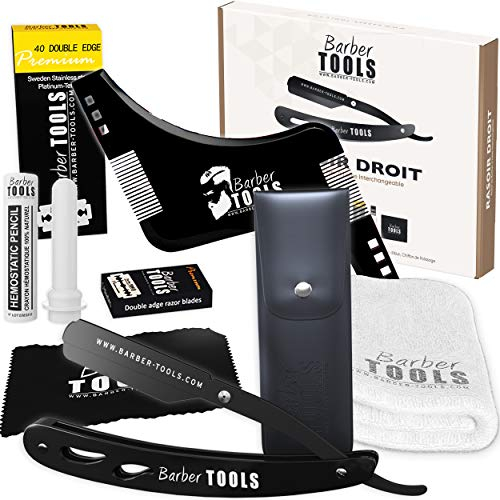 Kit de rasage - Rasoir barbe - Rasoir homme - coupe choux barbe - avec 50 Lames Simples (lame de rasoir) + Chiffon + Stick d'alun + Étui de rangement + Peigne guide pour rasage -NOIR- BARBER TOOLS