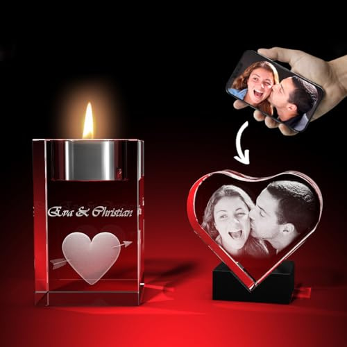 GLASFOTO.COM personalisiertes Romantik Set mit eigenem Fotoherz und individuellem Teelicht Halter – Kristallglas mit Innengravur als anpassbares Geschenk
