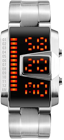 FeiWen Fashion Binario Digitale Orologi da Polso Uomo 50M Impermeabili Rettangolare Acciaio Inox Casual Unico Sportivi Orologio (Argento)