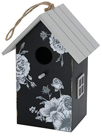 CasaJame Dekoratives Holz Vogelhaus, Nistkasten für Balkon & Garten, Schwarz mit Rosenmotiv, 15x12x22cm, Wetterfest, Für kleine Vögel & Meisen