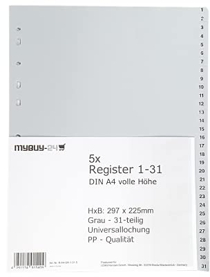 5er Sparpack Register 1-31 A4, volle Höhe, Universallochung PP Kunststoff grau 297 x 225mm Trennblätter Ziffern 1-31