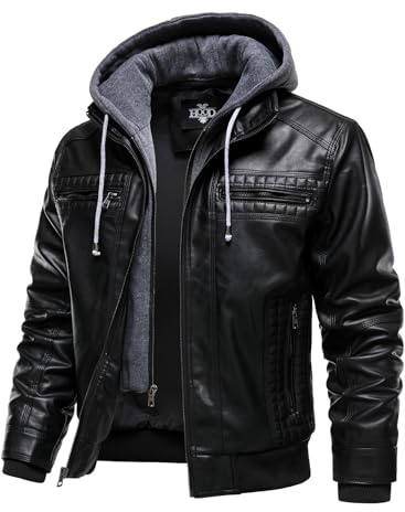 HOOD CREW Men Faux Leather Jacket with Detachable Hood Casual Motorcycle Bomber Jackets Outerwear Black L