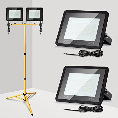 Ikodm Faretto da costruzione LED con treppiede, 2x 50W Faro da lavoro bianco freddo 6000K Faro da cantiere 4250LM, IP66 impermeabile per officina edile, con cavo da 1m, senza spina
