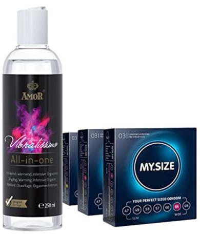 Vibratissimo Play Gel all-in-one 250 ml & MY.SIZE Kondome 3er Pack I Gleitmittel wär Men d, prickelnd & Höhepunkt verstärkend I Wasserbasiertes Gleitgel & Kondome 57, 60, 64 mm Breite