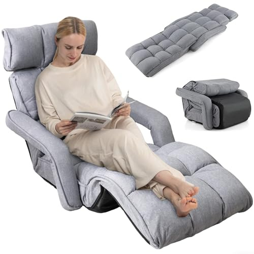 RELAX4LIFE Chaise Paresseuse Rembourré avec Dossier 90°-180°et Oreiller, Fauteuil au Sol Pliable en Surface Suède, Convient au Bureau, Lire, 196 x 72 x 20CM