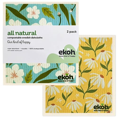 EKOH Swedish Cleaning Cloths 2 Pack Dishcloths for Washing Dishes | Eco Sponge Cloth for Kitchen | Zero Waste Dish Cloth | No Plastic Reusable Kitchen Towels (Arizona Flower Golden Blue 2 Pack)
