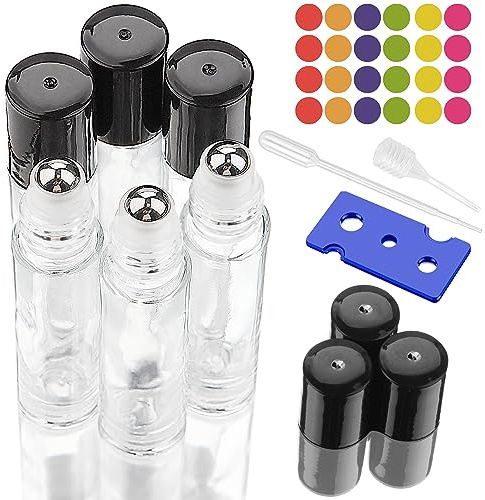 DKBT Roll on glasflaskor för eterisk olja 6 stycken transparent rulle on olja flaska tom 10 ml rollon-flaskor för oljor med rostfri rulle boll eteriska oljor rulle för eteriska oljor, parfym