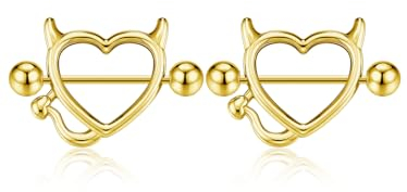 PiercingJak 16G Brustwarzenpiercing Chirurgenstahl Nippelpiercing Barbell für Frauen Mann Brustpeircing Bars 18mm Nippel Ringe Körperpiercing Teufel Punk Gothic Schmuck, Gold