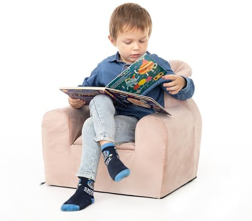 PillowPrim Kindersessel, Kindertags- und Geburtstagsgeschenk für Mädchen und Jungen, Couch, Kinderzimmer, Babysofa, Kleine Couch, Lachs, 49x35x42 cm