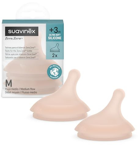 Suavinex, Confezione da 2 Tettarelle per Biberon Anti-Coliche Zero Zero, Flusso Medio (M), Per Liquidi a Media Densità, Latte, Succhi o Alimenti Liquidi, +3 Mesi, Medium