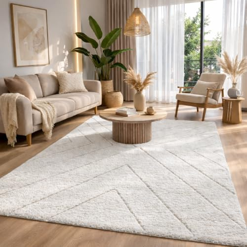 the carpet Bahar Shaggy – Weicher Hochflor Teppich, moderner Flauschiger & kuscheliger Wohnzimmer Teppich, eleganter Designer Shaggy, pflegeleicht und strapazierfähig, Creme-Raute, 160 x 230 cm