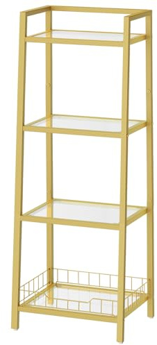 HOOBRO Gold Glass Shelf Stand, 4 Tier Standing Shelf Unit, Bathroom Organizer and Storage, Floor Storage Shelves Waterproof, for Bathroom, Laundry, Toilet, Tempered Glass, Gold GD79CJ01