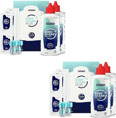 Avizor Ever Clean Plus 4X350 ml + 180 comprimés - Solution de nettoyage et désinfection pour lentilles de contact - Élimine lipides et protéines - Sans conservateurs - Pack Économique