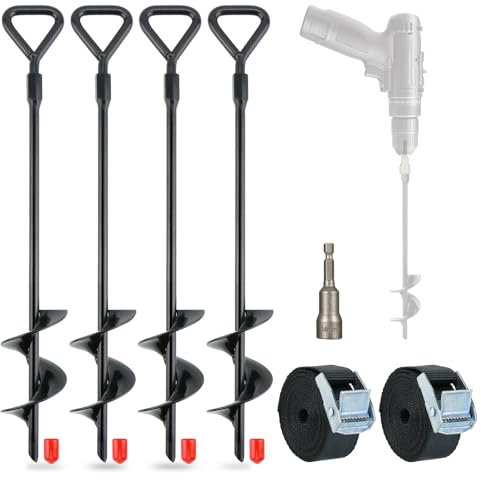 4Pcs Ground Anchors Heavy Duty - 15 Earth Anchor Tent Peg, Spiral Trampoline Anchors with 2 Straps, Steel Ground Stakes Anchor for Camping Tents, Sheds, Swing Sets, Securing Dogs