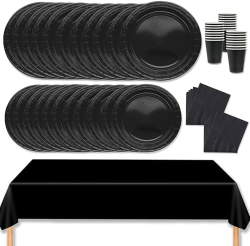 MORAINJAY Set di 69 Stoviglie Carta per feste,Noir Stoviglie Party Set Include Piatti,Tovaglioli,Tazze,Tovaglia per Compleanno,Baby Shower,Ristorante e Matrimoni Tinta Unita Decor -16 Ospiti