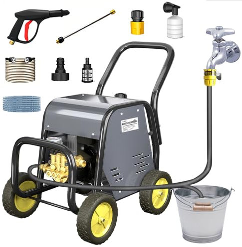 Idropulitrice elettrica ad alta pressione con ruote, idropulitrice elettrica per auto, recinzioni, patii, 120 kg, 16 m, pistola ad acqua, asta di prolunga, manometro di precisione