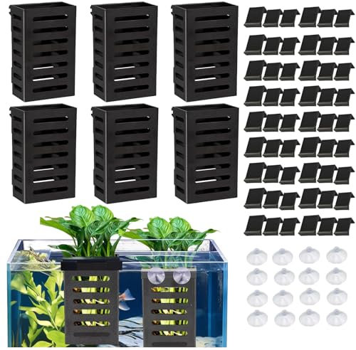 Roucerlin Plastic Aquarium Plant Holder, Black Fish Tank Plant Holder with Hooks & Suction Cups, Hanging Aquarium Planter Basket Cups Pot for Live Decoration Accessories (8 Pack)