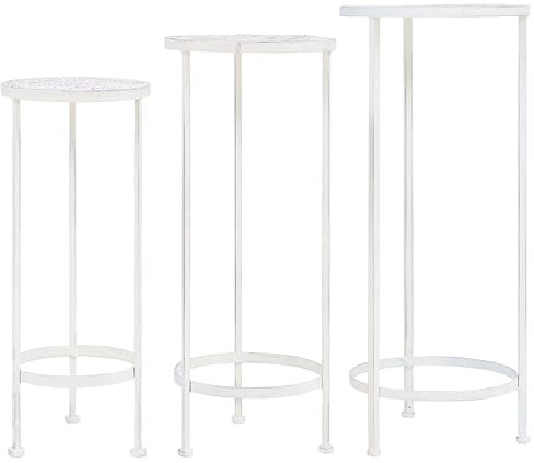 SDWEHO7 Blumenhocker 3er-Set, Metall-Blumenständer, Blumensäule mit dekorativen Details, Pflanzenständer, Pflanzsäule, Gartendeko, Vintage Stil, Antikweiß