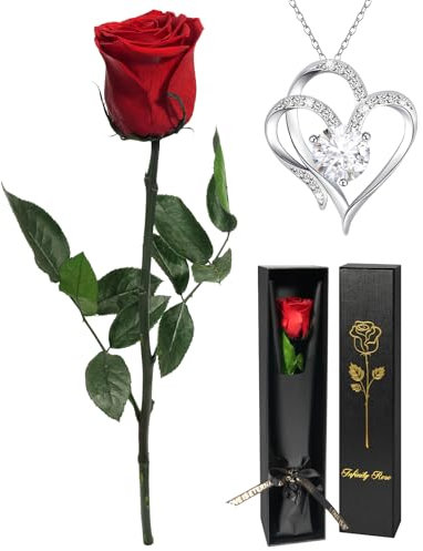 Yamonic Rosa Stabilizzata con Collana Regalo Donna Natale, Vera Rosa Eterna con Steli Idee Regalo per Anniversario, Rosa Eterna Regalo Donna Compleanno,San Valentino Regali per Lei