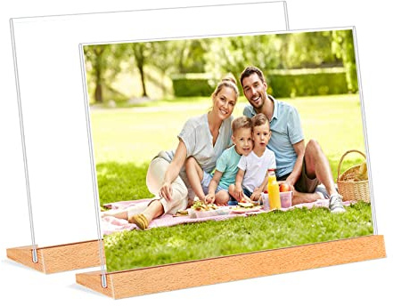 Andchi Arcyl 2-Piece Table Plate, Menu Holder, Stand on the Table, L-Shaped with Wooden Base for Restaurants, Shops, Office, Bar Sales (L-Wood-H, A5)