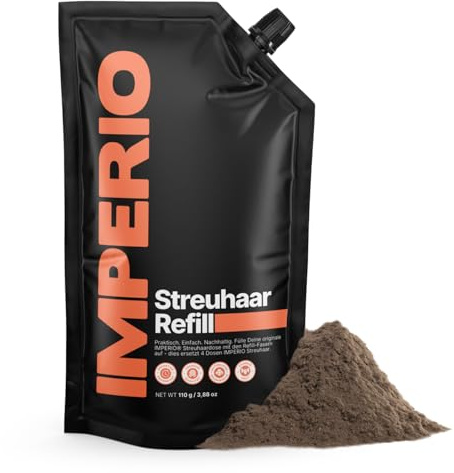 IMPERIO Streuhaar Refill Pack - 110g Nachfüllbeutel mit Premium Schütthaar - Nachhaltiger Nachfüllpack mit praktischem Verschluss - Einfaches Auffüllen der Hair Fibers Dose (Mittelbraun, 110g)