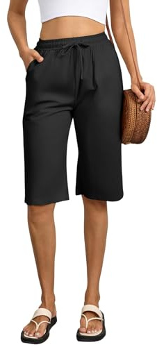 Zhiaek Knielange Hosen Damen Baumwolle Kurze Sommerhose Damen Leicht High Waist Shorts Weites Bein mit Kordelzug und Tasche Caprihose Strandhose Kurz Freizeithose Schwarz M
