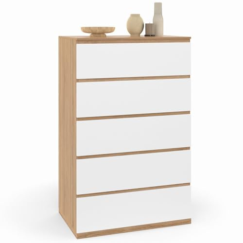 IDMarket – Cómoda con 5 cajones TOMI 60 cm, estilo roble y blanco