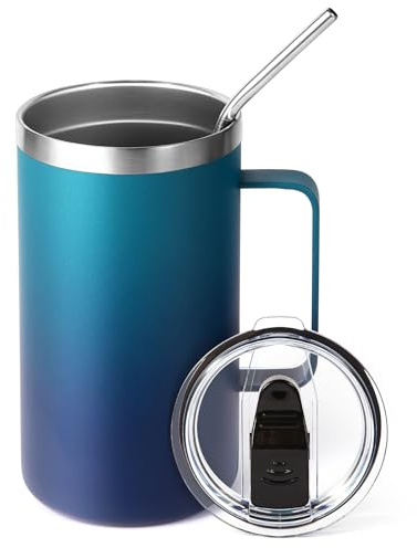 Volhoply 650ml (22oz) Insulated Coffee Mug with Lid and Straw, Stainless Steel Travel Mugs with Handle, Leak Proof Double Wall Coffee Cup for Hot and Cold Drinks (Dark Night,1 Pack)