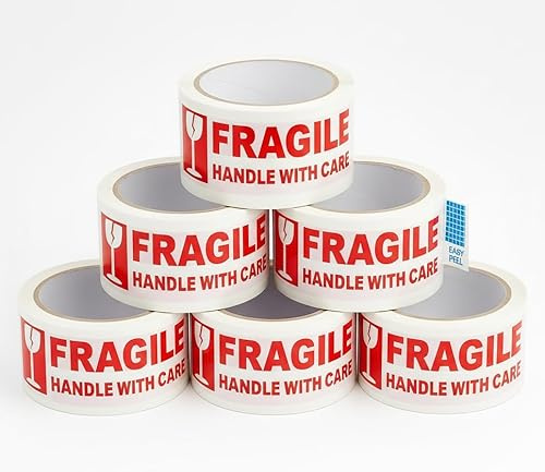 Iberplace Pack Cinta de Embalar FRAGILE 48 mm x 66 m – Pack de 6 rollos, blanco con texto rojo, adhesivo acrílico low noise, Easy Peel, precinto profesional para paquetería y mudanzas | Silenciosa