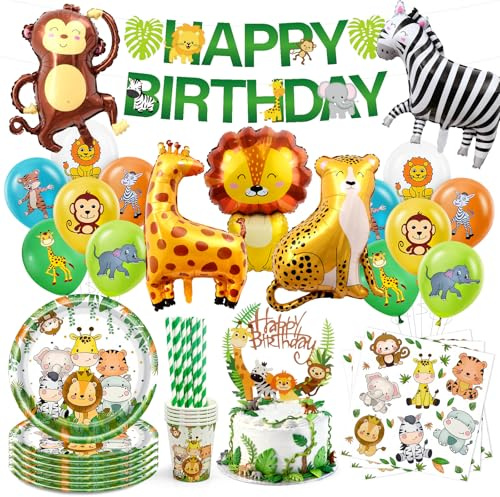 99 Stück Dschungel Safari Partygeschirr,Dschungel Geburtstag Geschirr für 20 Gäste,Tiere Papier Teller Tassen Servietten Luftballon,Dschungel Tiere Geburtstag Deko für Junge