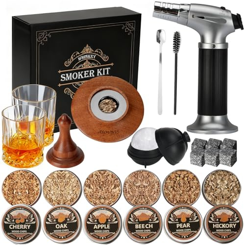 Whiskey Smoker Kit with Torch - 6 Flavors Wood Chips, 2 Glasses, 6 Stones, Cocktail Smoker Infuser Kit, Old Fashioned Drink, Birthday Bourbon Whiskey Gifts for Men, Dad(No Butane)