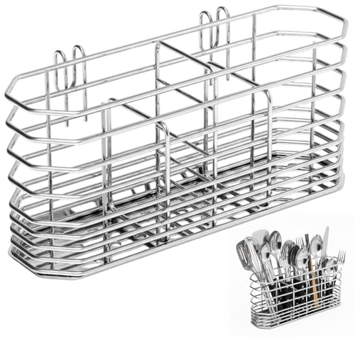 PSFXBM Cutlery Drainer for Sink, Stainless Steel Utensil Drainer Basket, Stainless Steel Cutlery Storage Rack, With Hooks, Cutlery Holder for Knife Fork Spoon Quick Drying