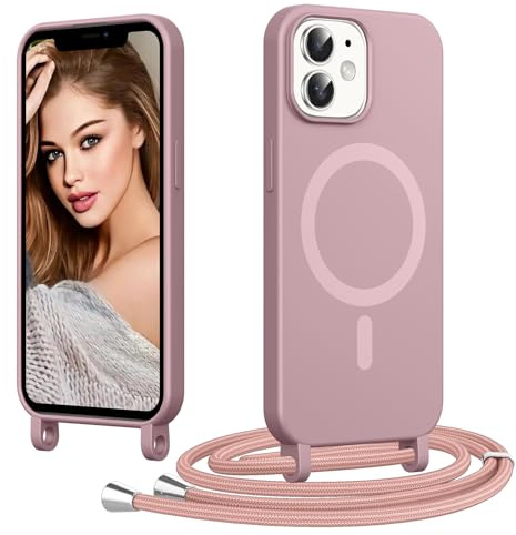 Coiwxmoi pour iPhone 11 avec Cordon, [Compatible avec MagSafe] Magnétique Coque Ultra Mince Souple TPU Silicone Étui Housse avec Collier Lanyard Lanière en Corde Case Camera Antichoc, Rose