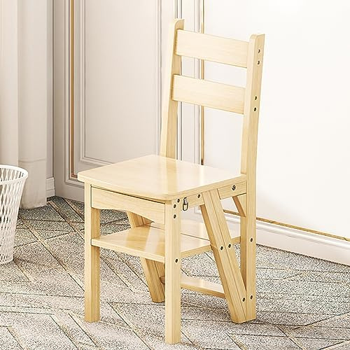 Wooden Folding Ladder Chair with 4 Steps, Solid Wood Portable Step Stool for Home, Office, Kitchen & Outdoor Use, Light Walnut Finish