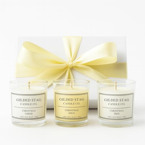 Festive Scented Candle Gift Set by Gilded Stag Candle Co. – 3 × 65g (9cl) Christmas Spice, Christmas Tree, Christmas Cheer – Luxury Gift Box, Vegan Soy Wax, Up to 15h Burn Per Candle