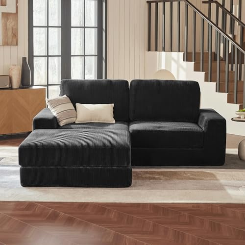 Vorthio Modulares Ecksofa, 204cm, Modernes, Bequemes Cord-Sofa Mit tiefer Sitzfläche, Boneless Couch, Flauschige Sofas Für Wohnzimmer, Schlafzimmer, Wohnung, Kein Zusammenbau Erforderlich (Schwarz)
