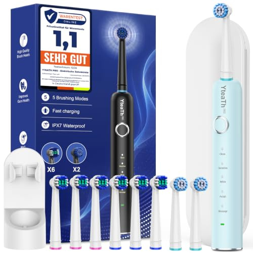 Spazzolino Elettrico Rotante per Famiglie - Spazzolino Denti Rotante per Adulti e Bambini, 8 Testine e Custodia da Viaggio, 5 Modalità, Impermeabile IPX7, Azzurro Chiaro