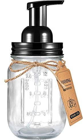 SheeChung Mason Jar Foaming Soap Dispenser-Rustproof Stainless Steel Lid & Foaming Soap Pump, Refill Foam Hand Soap Dispenser Glass for Bathroom Kitchen Vanities, Countertops-Black (1 pk) | Refillable Foam Soap Dispenser Bottle for Bathroom Kitchen, BPA-Free Pump, 304 Stainless Steel Lid, Rustic Farmhouse Decor