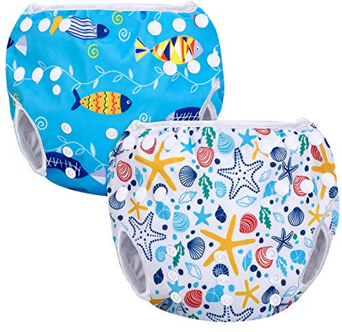 Luxja Pañal de Natación para Bebes Bañador Reutilizable de Nadar de Bebé Pañal Lavable para Bebé (0-3 años), Shell + Pescado Azul