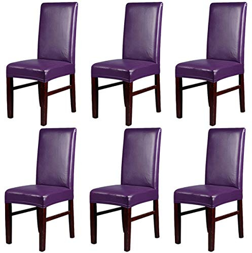KELUINA Elastic Spandex Solide Pu Leder Stuhlhussen, wasserdicht und ölbeständig Stretch Dining Chair Protector Cover Schonbezug für Kitchen Bar Hotel und Hochzeitszeremonie (Lila,6 pcs)