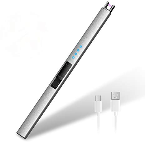 HOTERB Encendedor Electrico,Encendedor Cocina Electrico con Puerto USB Tipo C,Pantalla LED de Batería,Mechero Electrico USB Recargable para Encender Largo el de Vela,Hogar al Aire Libre(Plata)
