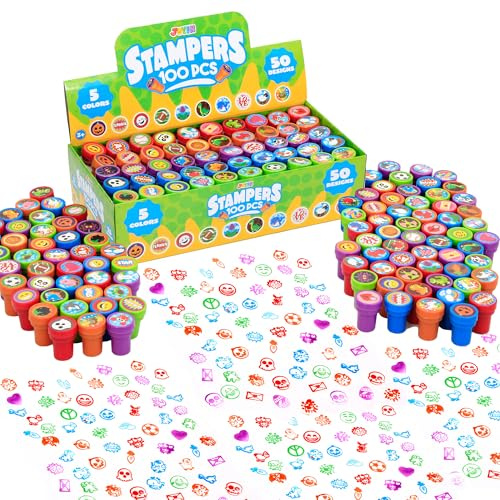 JOYIN 100 stycken stämplar för barn, självfärgande stämpelset 3 år (50 mönster, plaststämplar, zoosafari dinosauriestämplar) för påskägg, gästgåva, barnfödelsedag, festpresenter