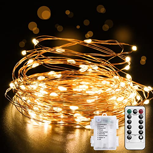 Aogled Lichterkette Batterie - Kupferdraht Lichter 5M Timer IP67 DIY Draht 50LEDs Micro,Innen Außen Weihnachten Zimmer Party Beleuchtung Deko Garten,A-STRING-50LED,Warmweiß,Lichterkette Batterie - 5m