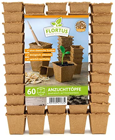 FLORTUS 5 cm Anzuchttöpfe quadratisch auf Holzfaser Basis | 60 Stück | Pflanztöpfe für nachhaltige Gartenarbeit | 100% biologisch abbaubar, torffrei | Ideal für die Aussaat von Gemüse, Obst und mehr