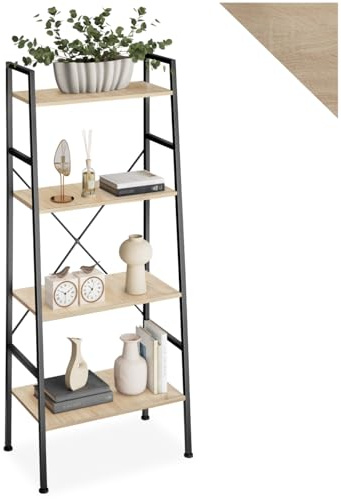 tectake® Industrial Leiterregal mit 4 Ebenen, Regal schmal, 61,5 x 36,5 x 150 cm, Bücherregal Wand, als Raumteiler Regal, Küchenregal Wand, Nischenregal, Bookshelf - Industrial Holz Hell, Eiche Sonoma